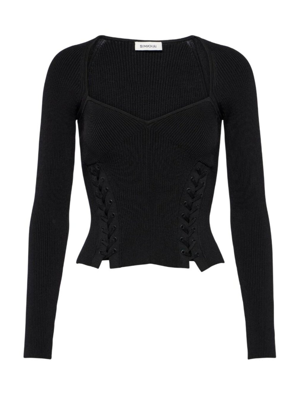 Simkhai Daphane Lace Up Ribbed Knit Top in Black